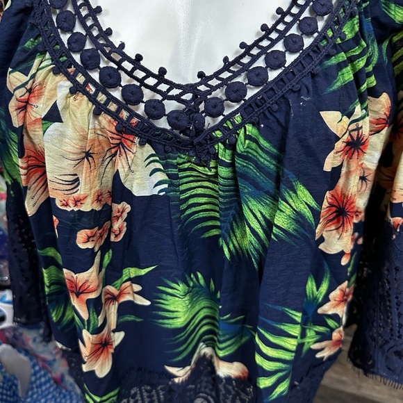 Rain Floral Navy Blue Lace Trim Open Shoulder Blouse - Picture 4 of 8